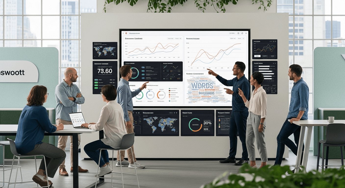 Customer success team analyzing feedback data on large screens